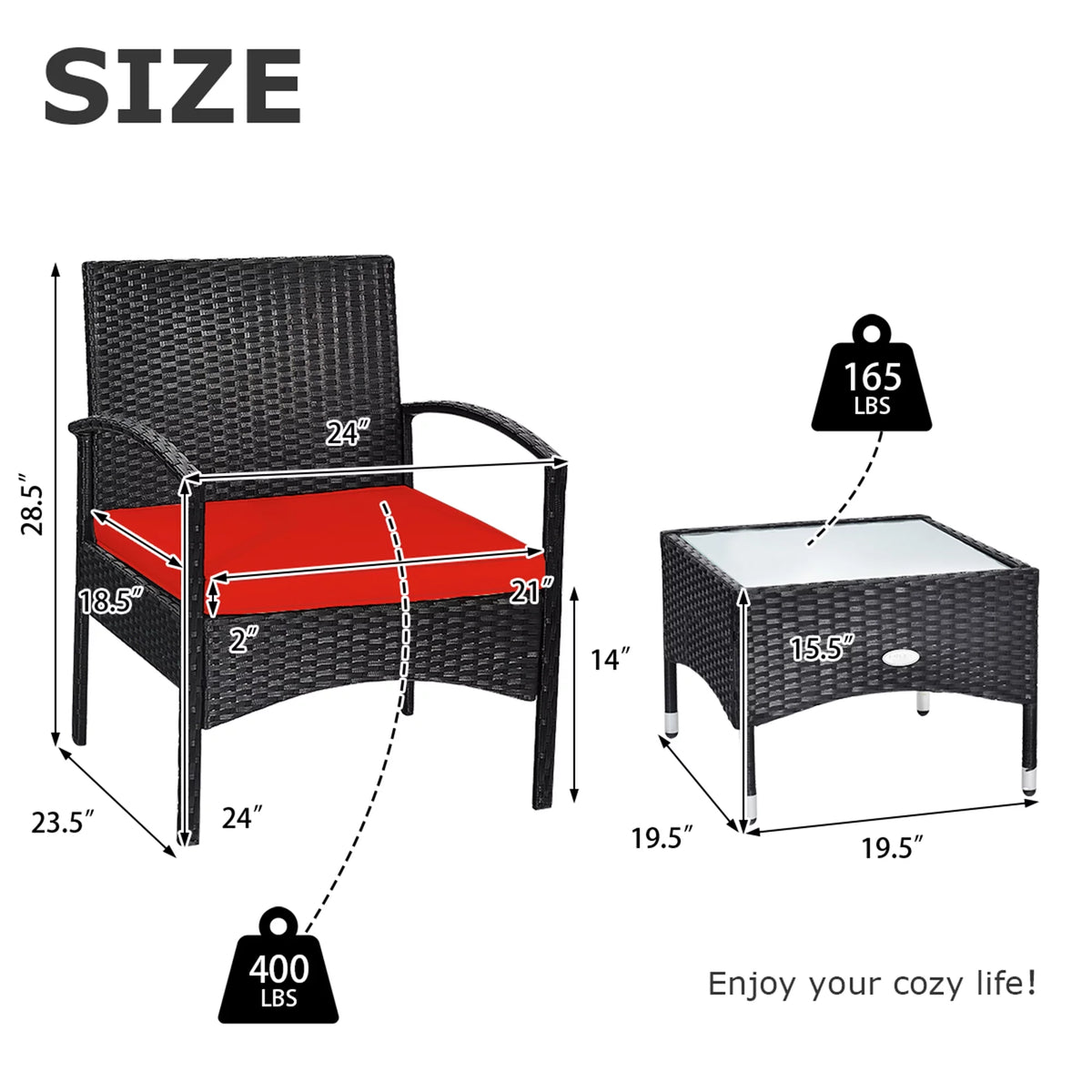 3 PCS Patio Wicker Rattan Furniture Set with Cushion L3053