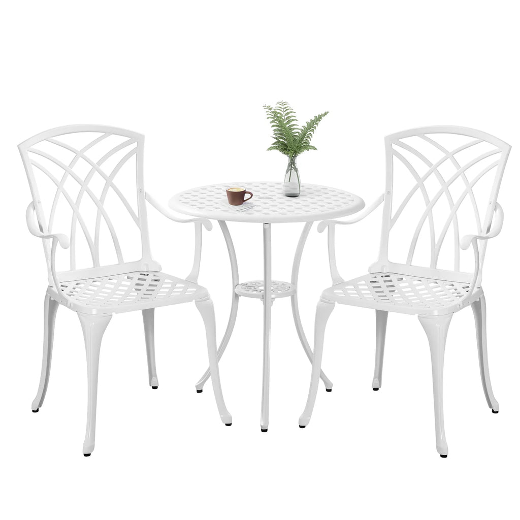 White Bistro Set with Umbrella Hole Cast Aluminum U579