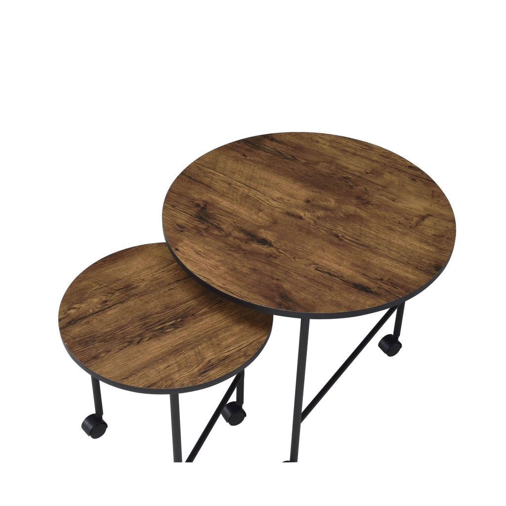 Round Nesting End Table with Casters, Oak Brown and Black S340