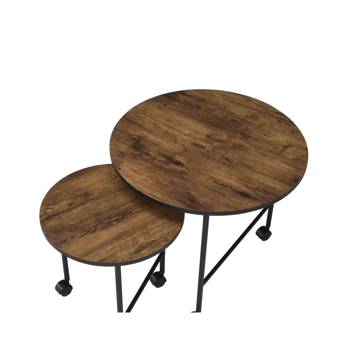 Round Nesting End Table with Casters, Oak Brown and Black S340