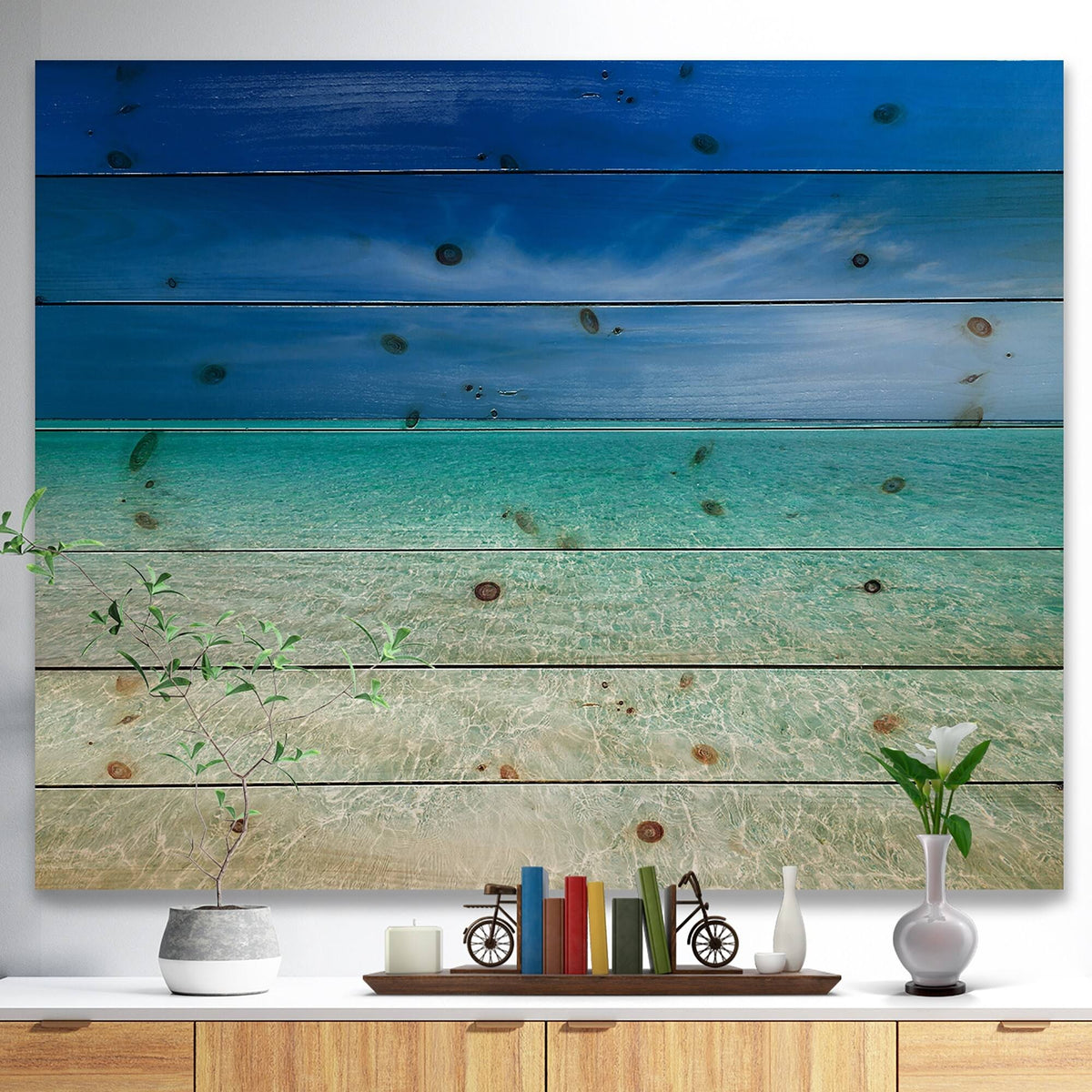 Turquoise Ocean Blue Sky Seascape Print on Pine Wood 40 in. Wide x 30 in. High L198206
