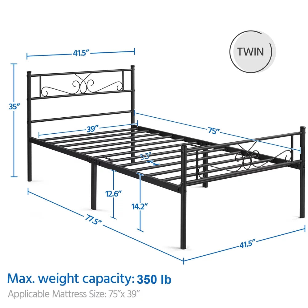 Twin Size Black Metal Platform Bed Frame with Headboard and Footboard O1981