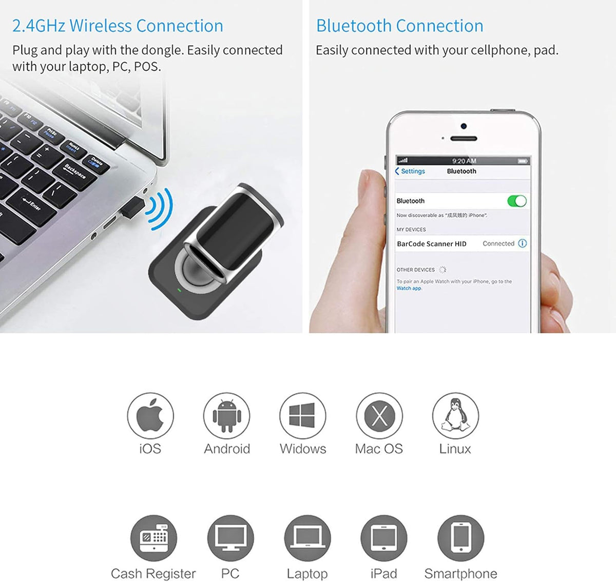Bluetooth Wireless USB Wired Barcode Scanner with Stand Base Q5689