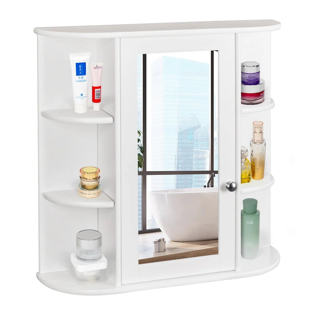White Wooden Bathroom Storage Cabinet with Mirror Door & 8 Shelves J16722