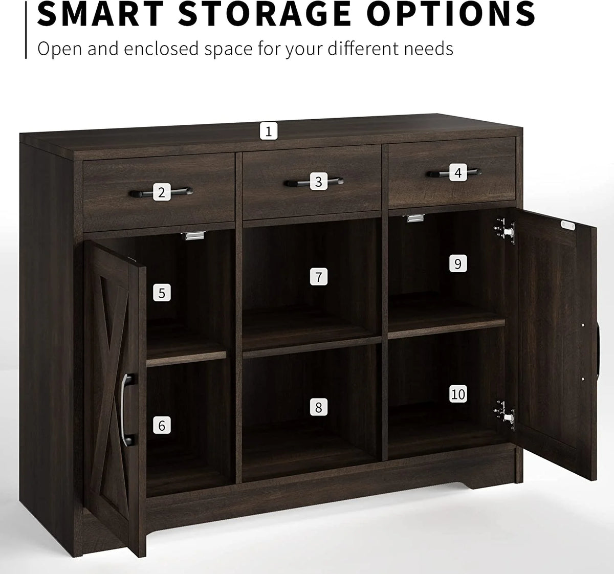 Dark Brown Wood Buffet Storage Cabinet with Barn Doors O63160