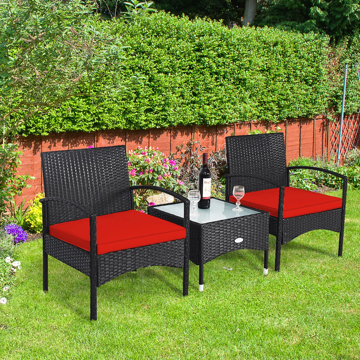 3 PCS Patio Wicker Rattan Furniture Set with Cushion L3053