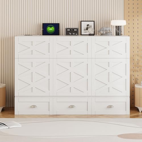 Full Size Murphy Bed with Storage Drawer and USB Charging Station W4275