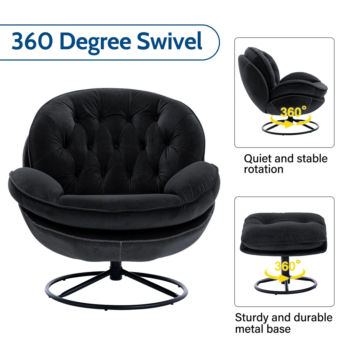 Black Velvet Swivel Accent Chair with Ottoman F975