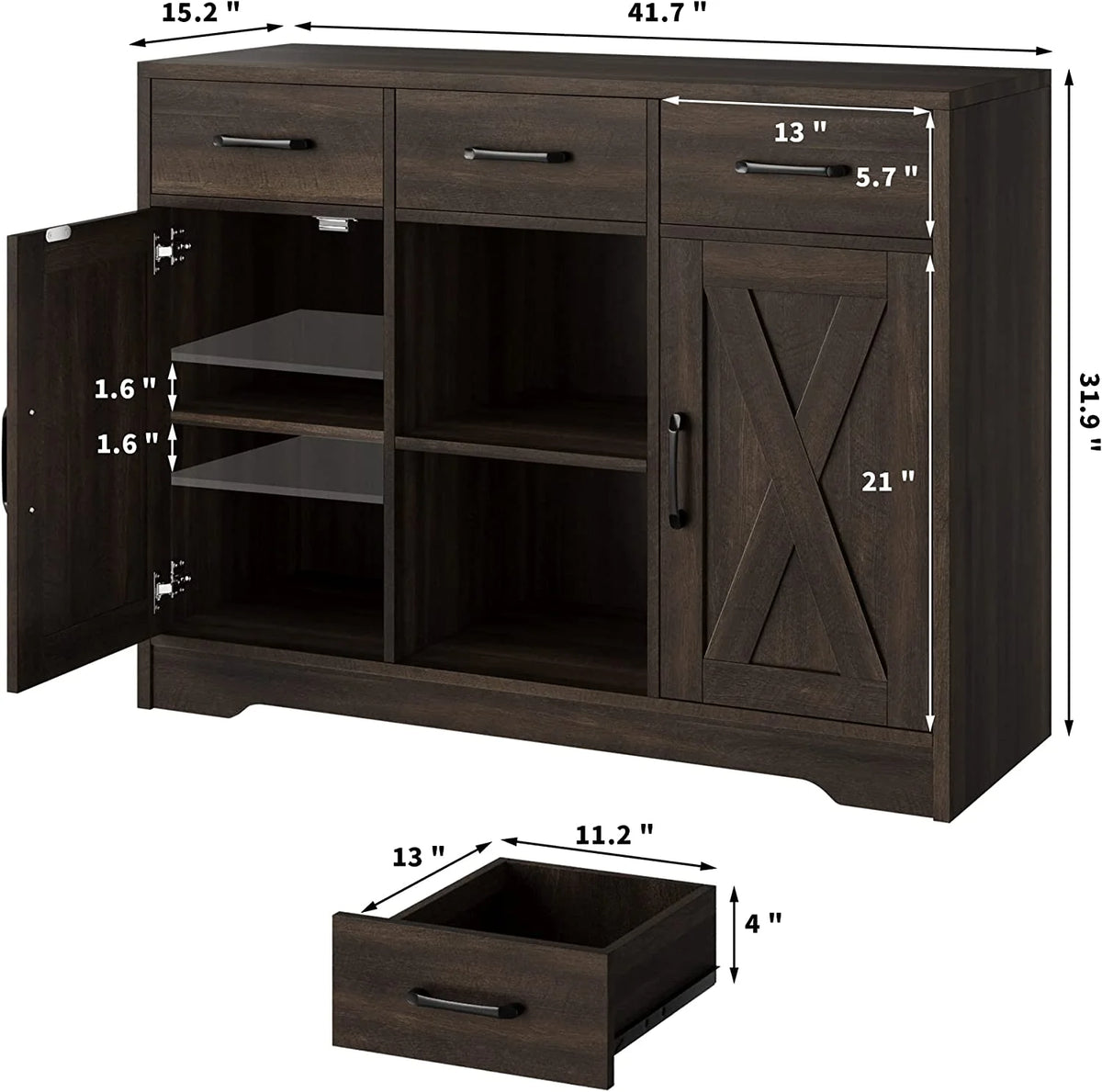 Dark Brown Wood Buffet Storage Cabinet with Barn Doors O63160
