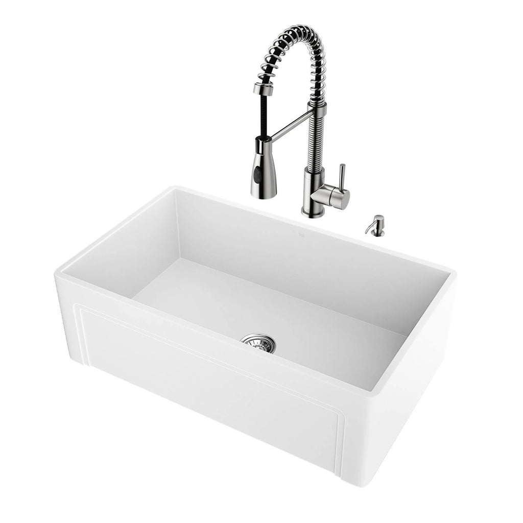 30 in. Matte Stone Farmhouse Kitchen Sink Set with Faucet in Stainless Steel Y396167