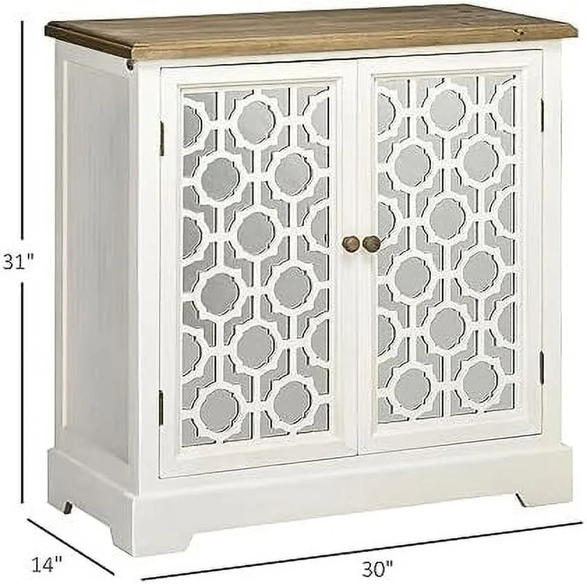 White Sideboard Buffet Cabinet with Double Glass Doors and Solid Wood Countertop B906509
