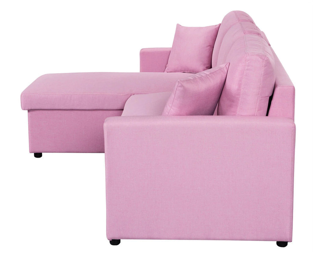 Pink Linen Fabric Reversible Sleeper Sectional Sofa with Storage Chaise B46648
