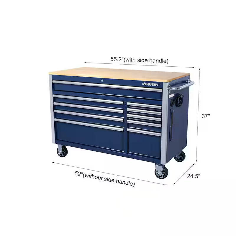 10 Drawer Mobile Workbench Tool Chest with Wood Work Top in Gloss Blue V804425
