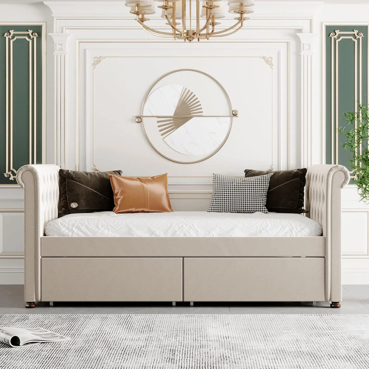 Beige Upholstered Daybed with Storage and 2 Drawers P58768