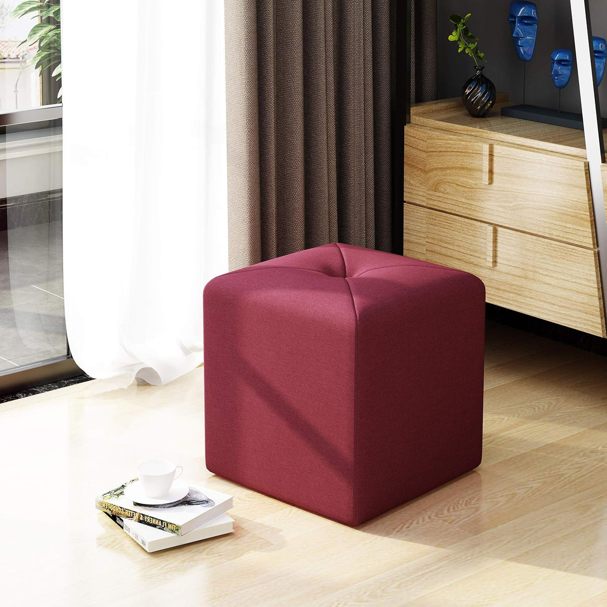Deep Red Fabric Square Ottoman N48788