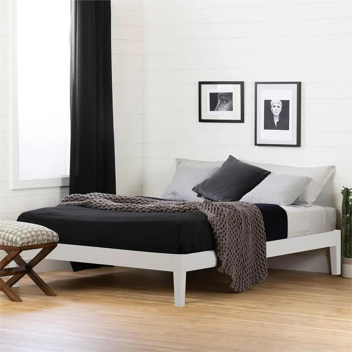 White Wood Queen Size Platform Bed M4748