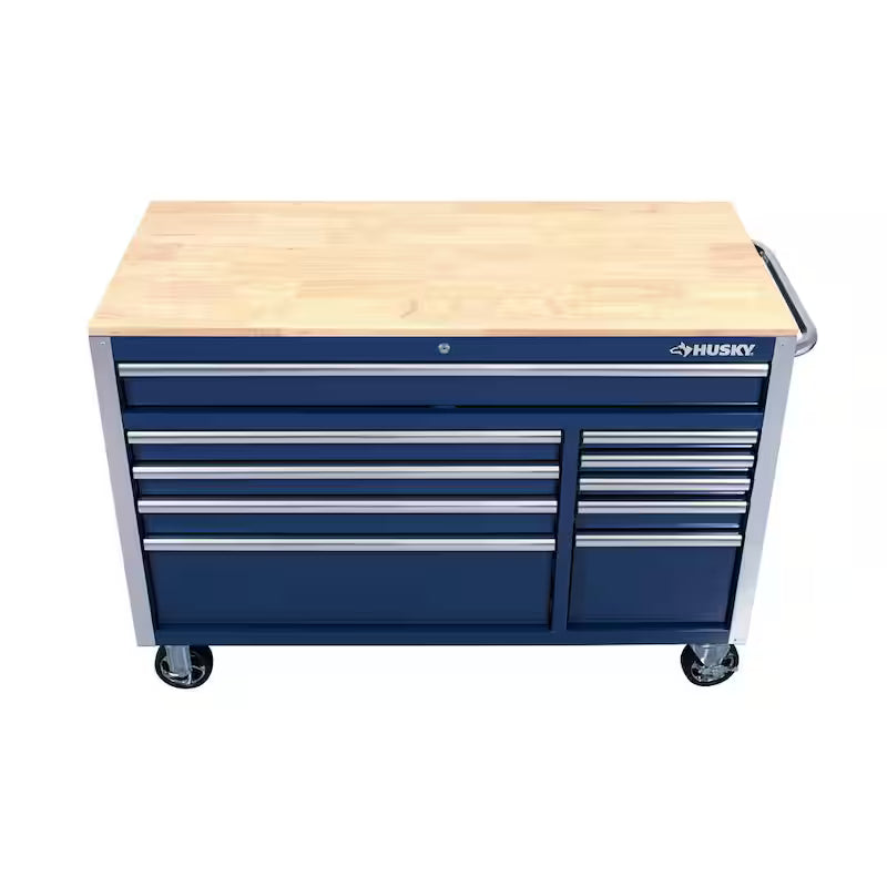 10 Drawer Mobile Workbench Tool Chest with Wood Work Top in Gloss Blue V804425