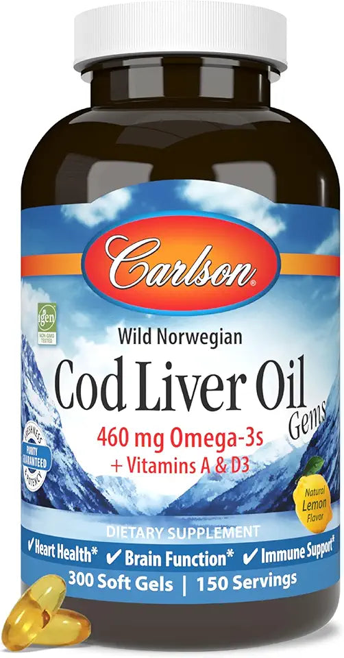 Cod Liver Oil 460 mg Omega-3s Vitamins A & D3 Lemon 300 Softgels L704