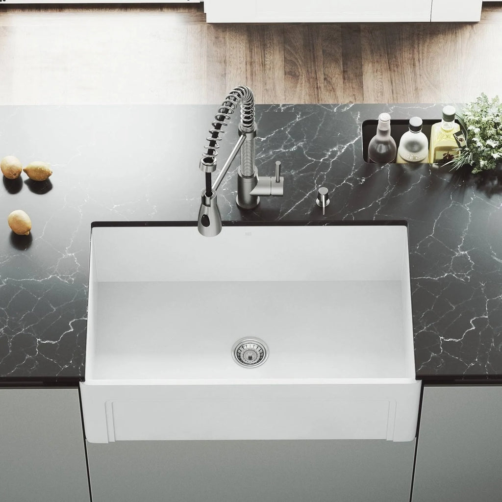 30 in. Matte Stone Farmhouse Kitchen Sink Set with Faucet in Stainless Steel Y396167