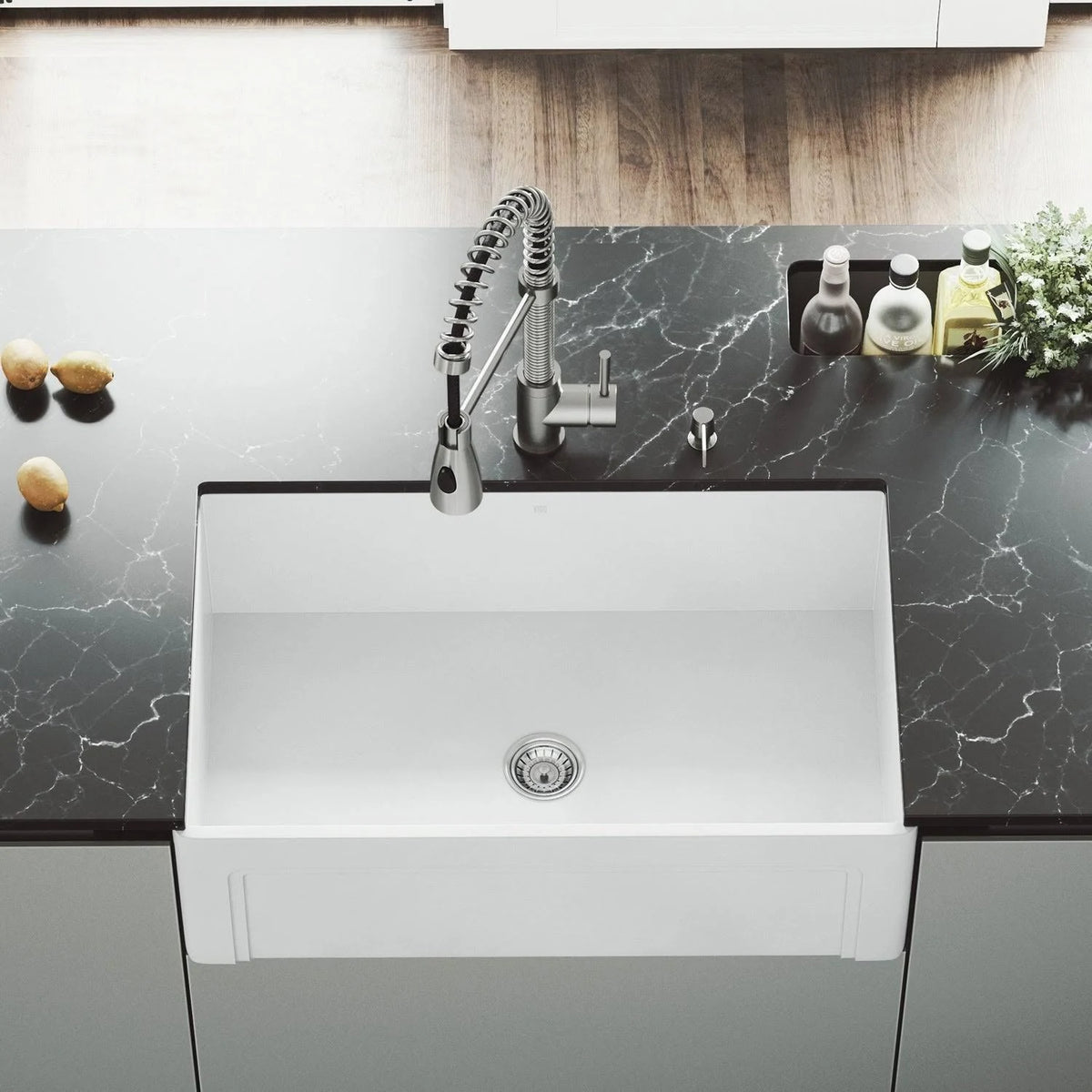 30 in. Matte Stone Farmhouse Kitchen Sink Set with Faucet in Stainless Steel Y396167