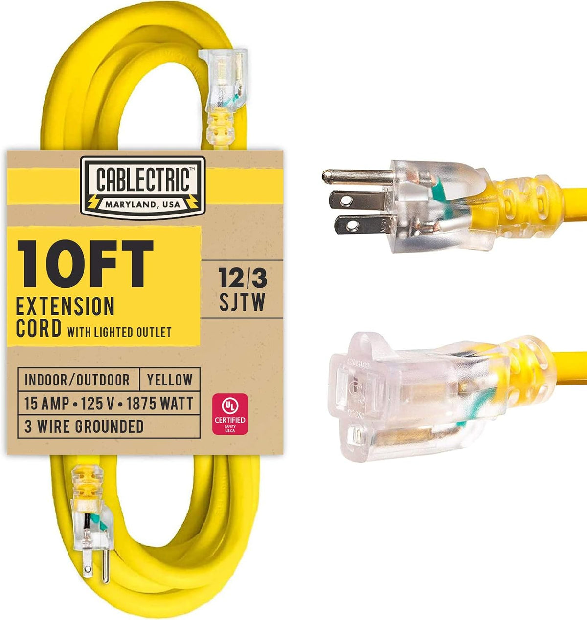 100 Ft 15 Amp 12 Gauge Yellow Extension Cord E809