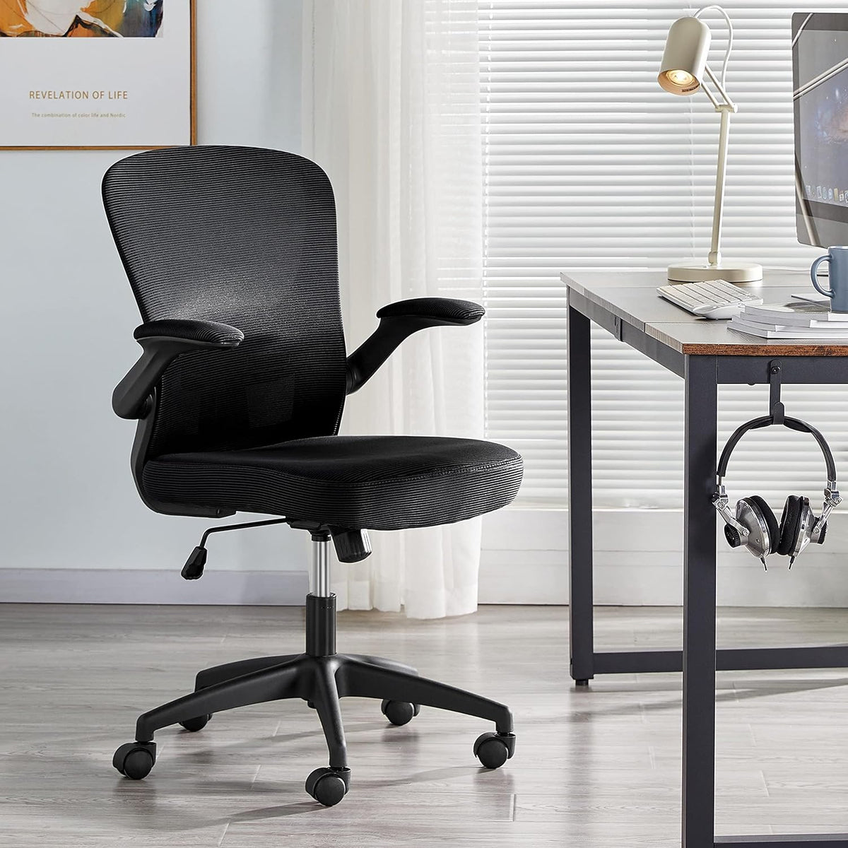 Black Ergonomic Mesh Office Chair with Flip-up Arms C92932