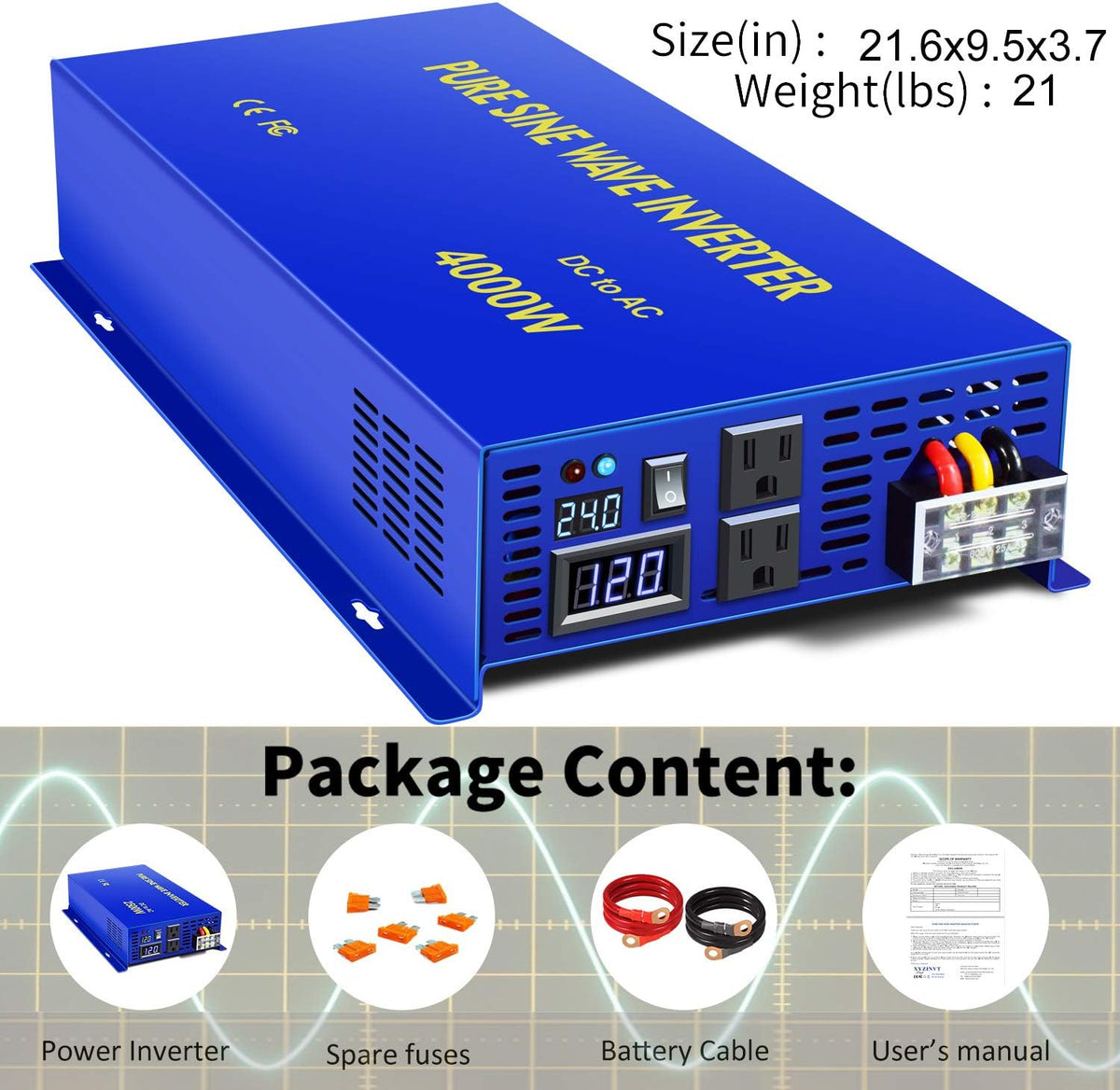 Pure Sine Wave Power Inverter 3500W 24V DC to AC 110V 120V with LCD Display E2241