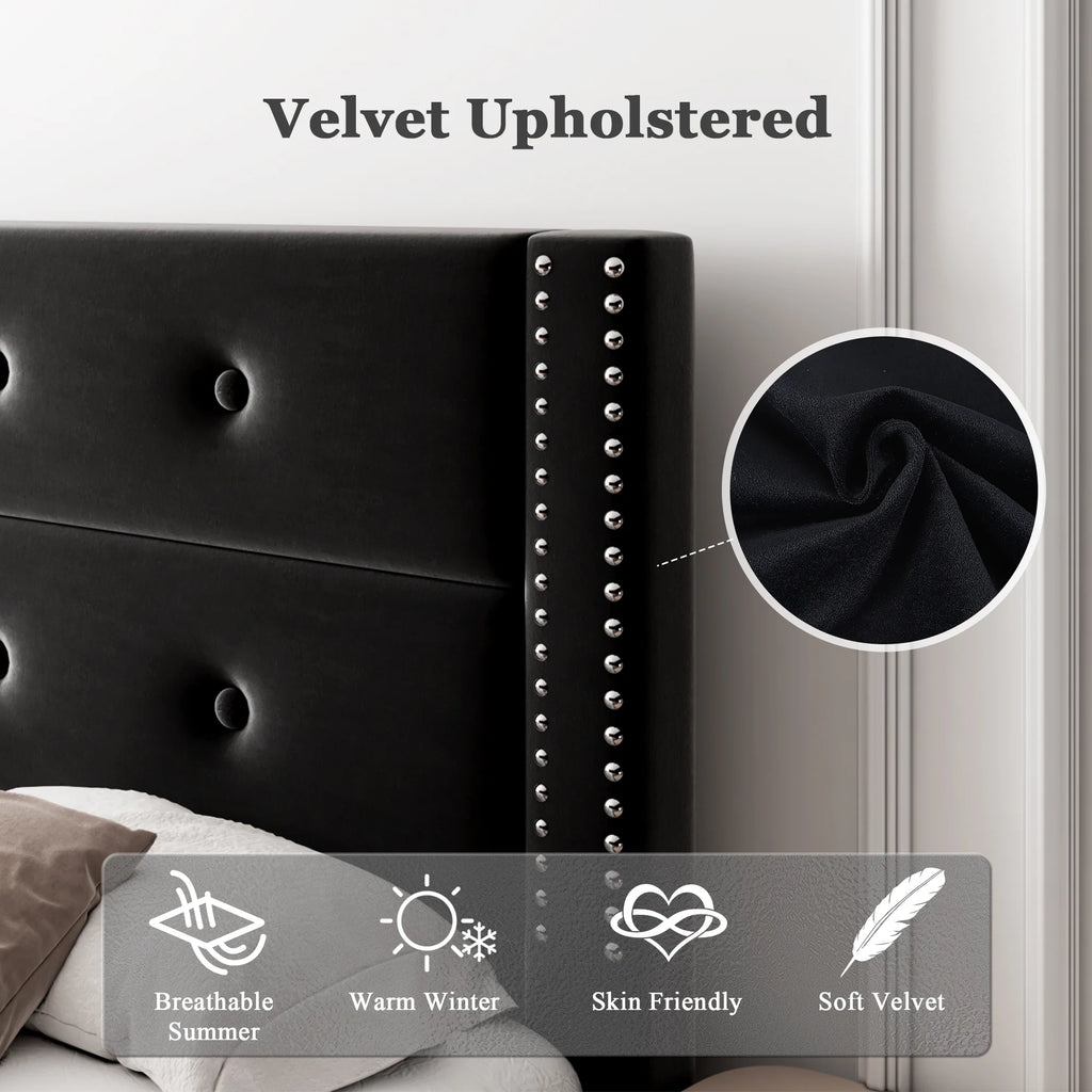 Queen Black Velvet Upholstered Platform Bed Frame with Tufting Headboard S196