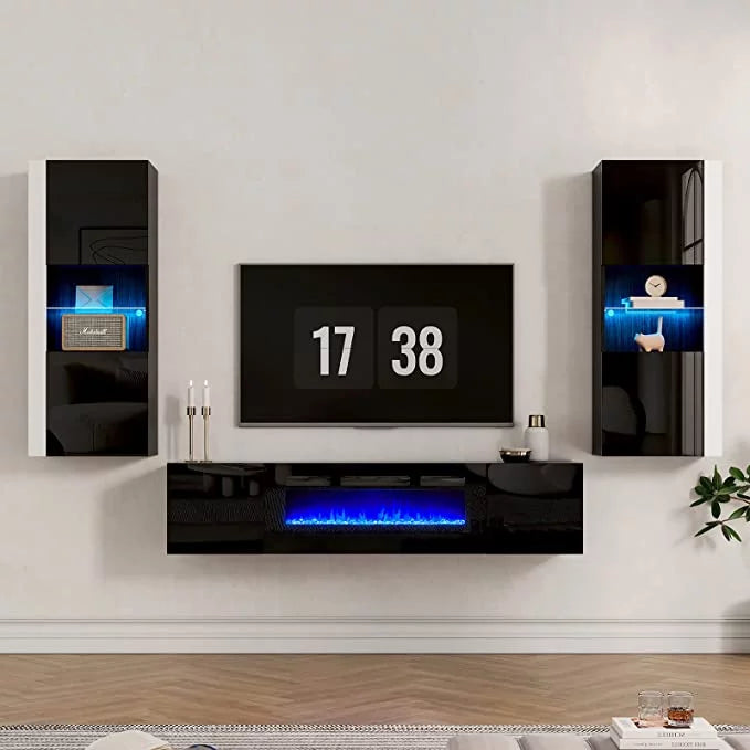 Black/White Floating Fireplace TV Stand with 2 Wall Cabinets U86715