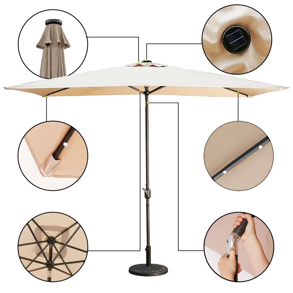 Beige UV Protective Polyester Solar Powered Crank Patio Umbrella O21224
