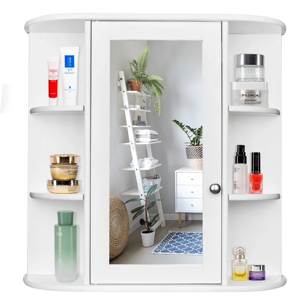 White Wooden Bathroom Storage Cabinet with Mirror Door & 8 Shelves J16722