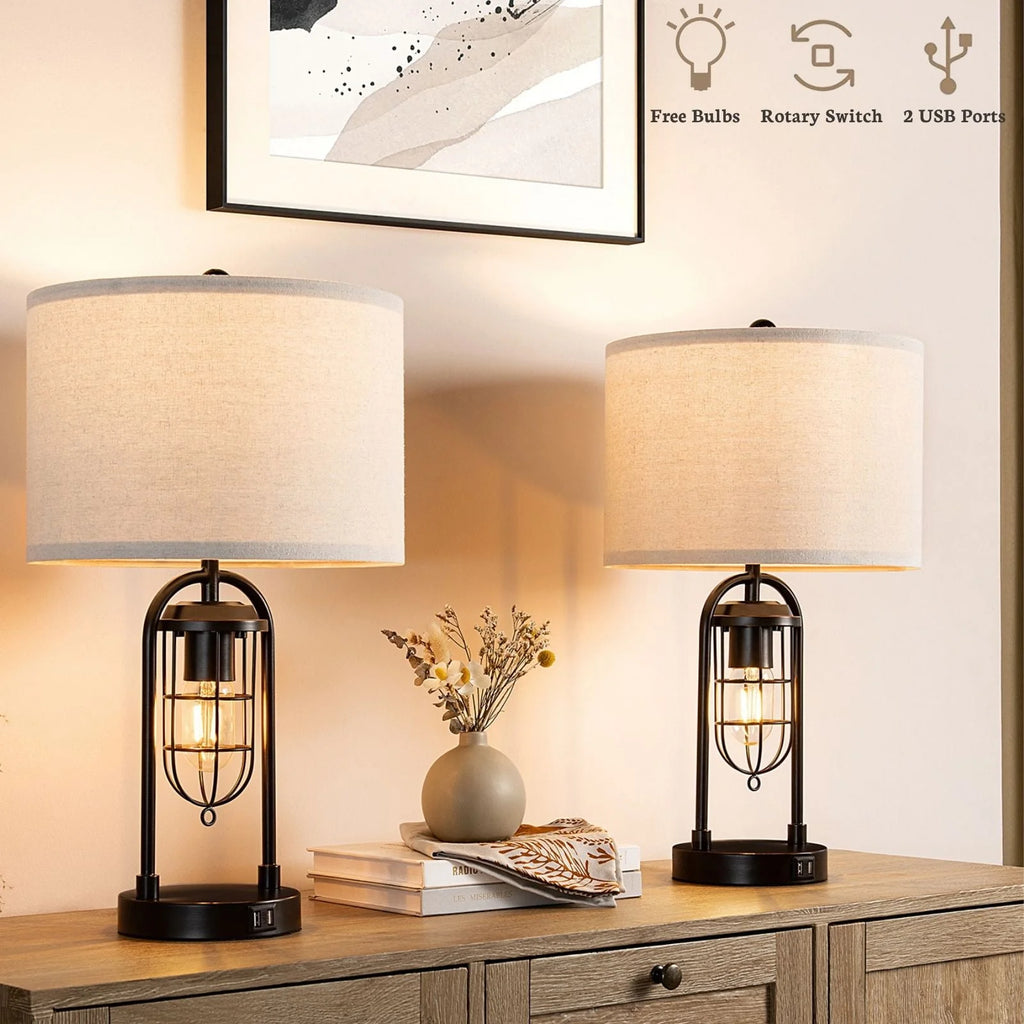 21'' Table Lamps Set of 2 with USB Port and Night Light, White Drum Shade P67490