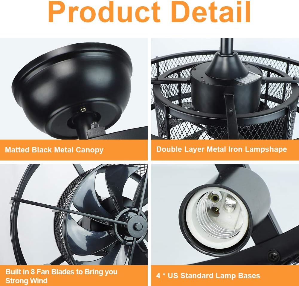 20In Caged Ceiling Fan with Light, 3 Speeds, Remote, Black V2609