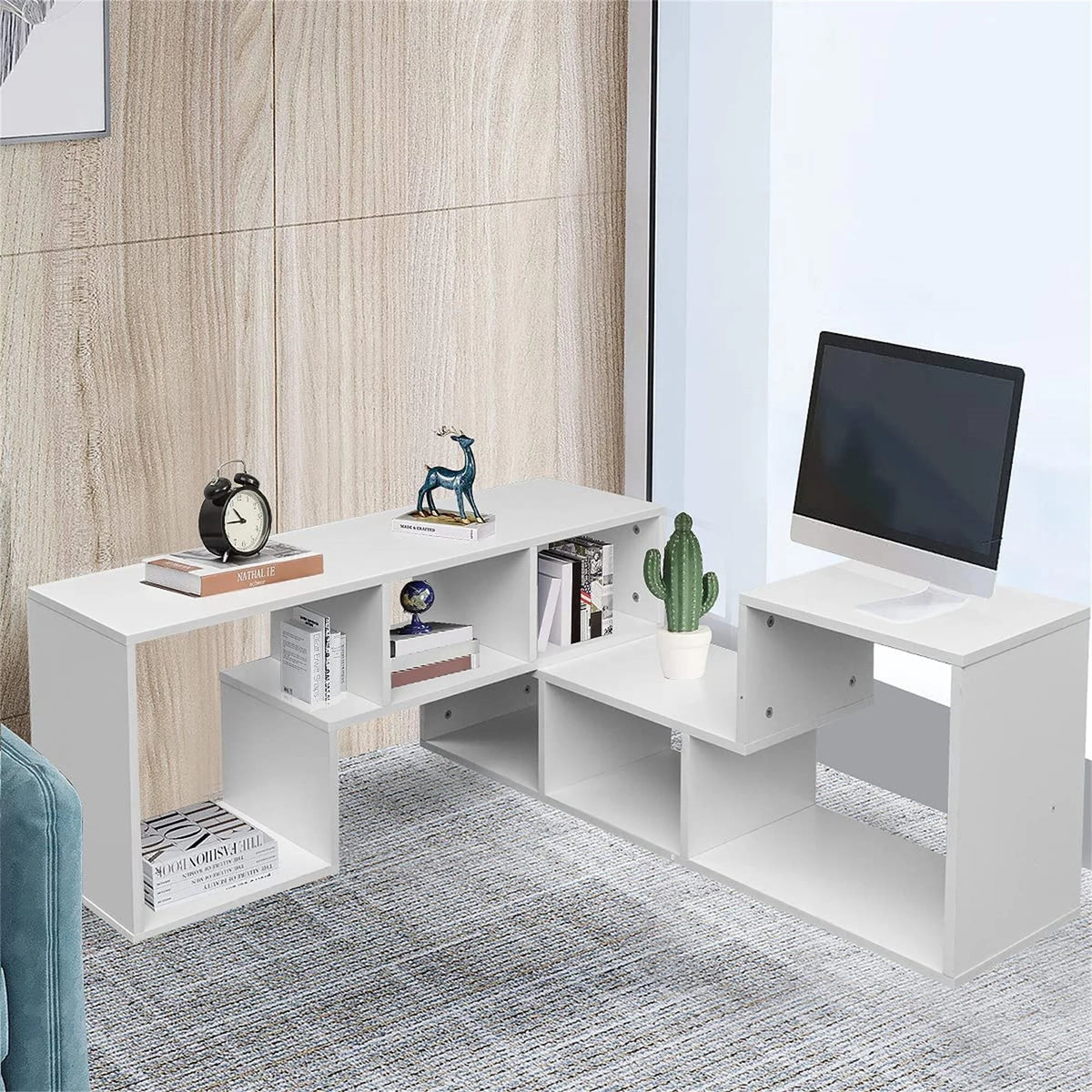 White L-Shaped TV Stand Bookcase J28087
