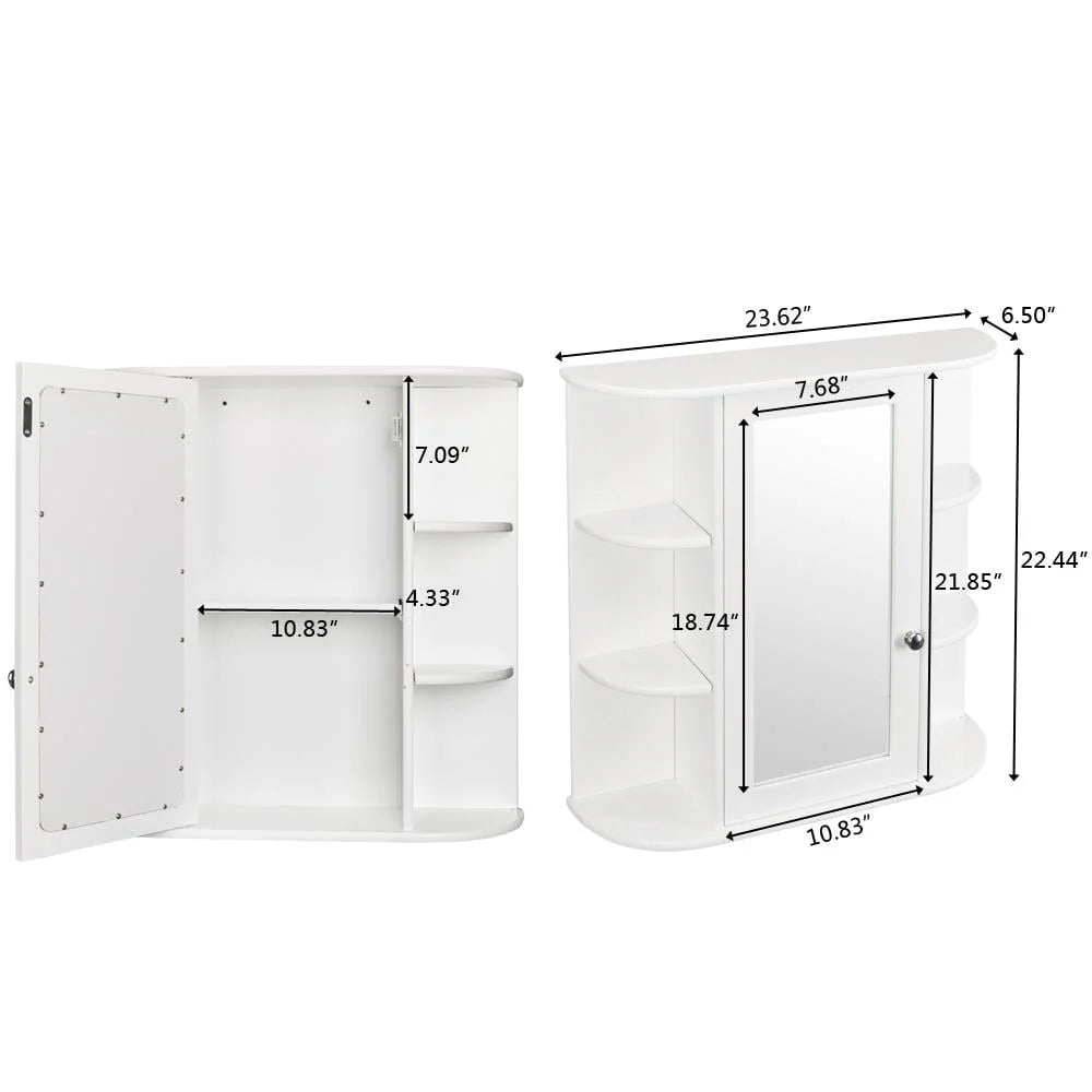 White Wooden Bathroom Storage Cabinet with Mirror Door & 8 Shelves J16722