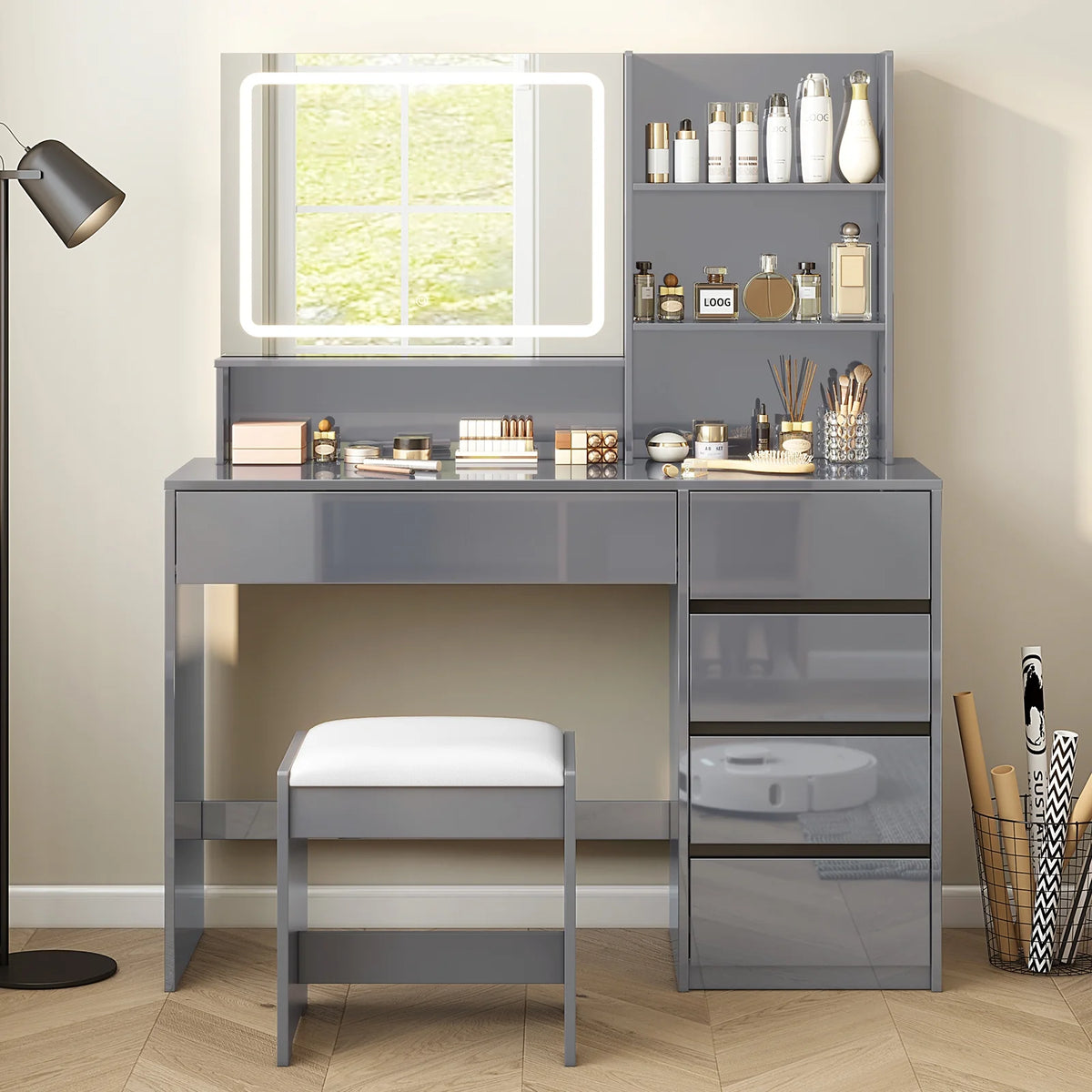 Gray Vanity Desk with Mirror and 4 Drawers Y288411