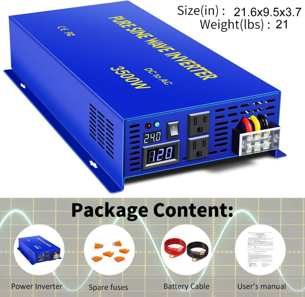 Pure Sine Wave Power Inverter 3500W 24V DC to AC 110V 120V with LCD Display E2241
