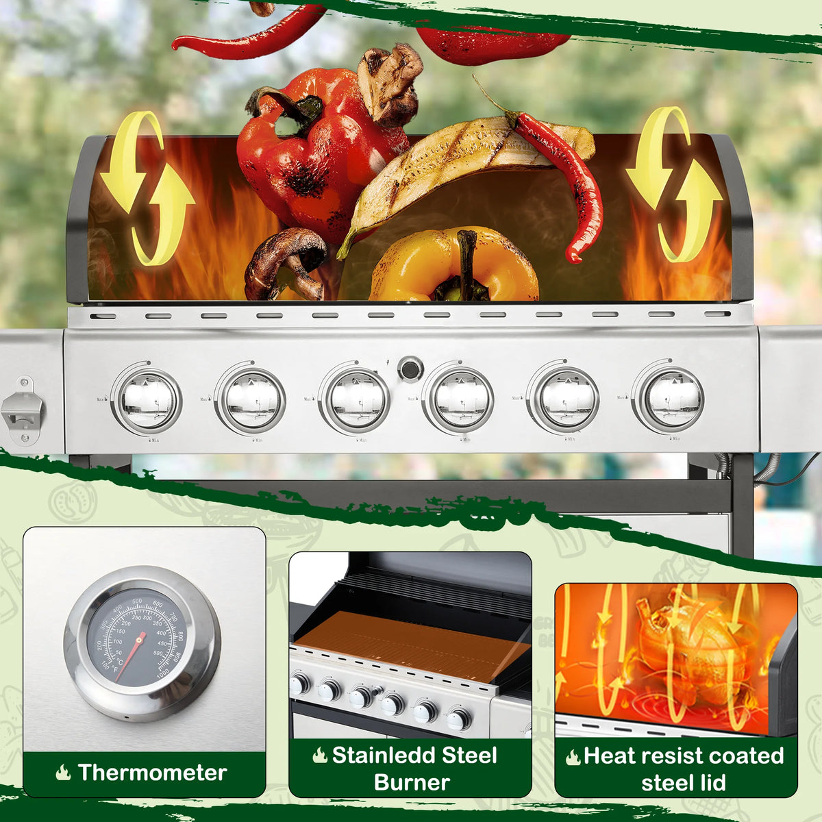 6-Burner Propane Gas Grill Stainless Steel with Side Burner U36091