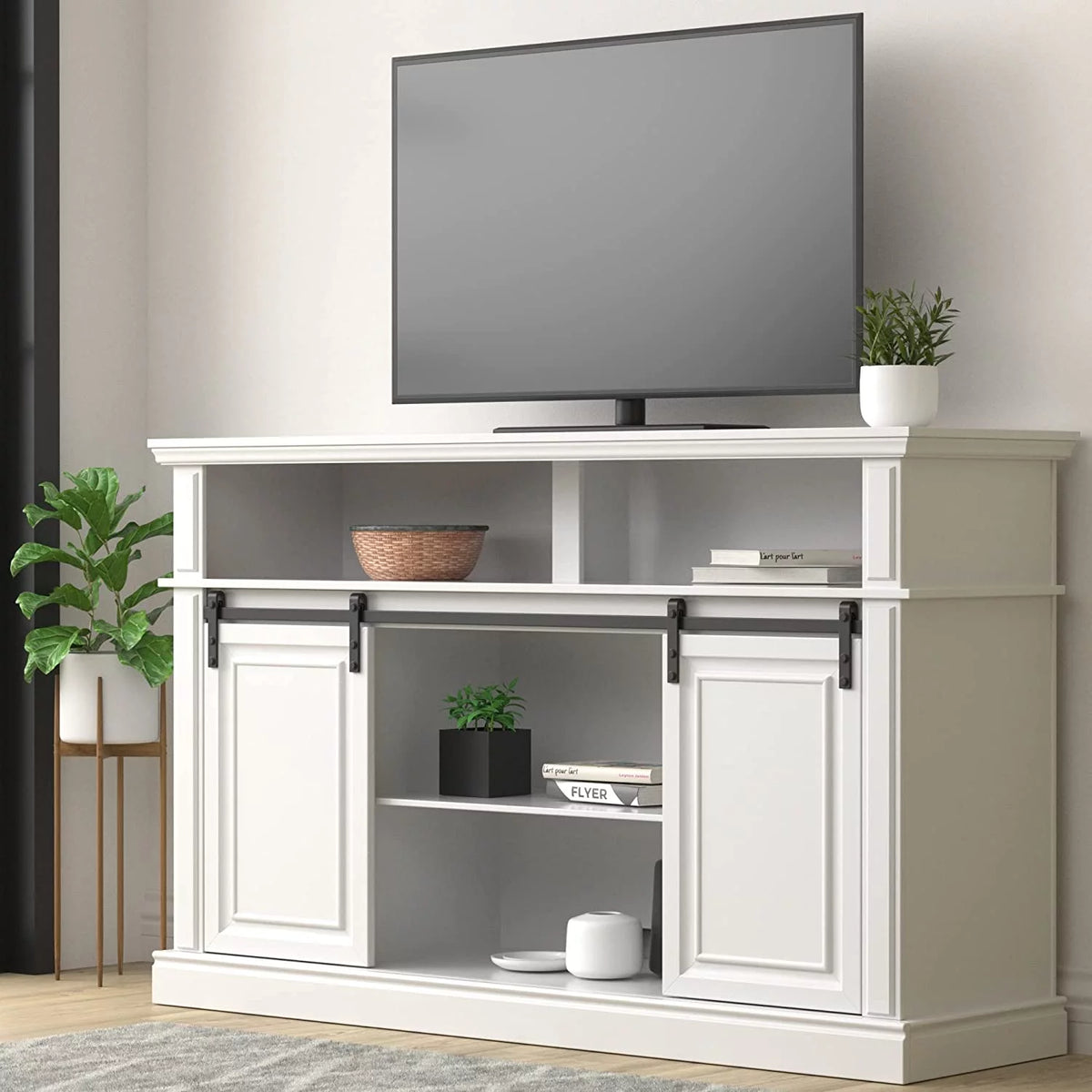 White TV Stand with Barn Door R6940