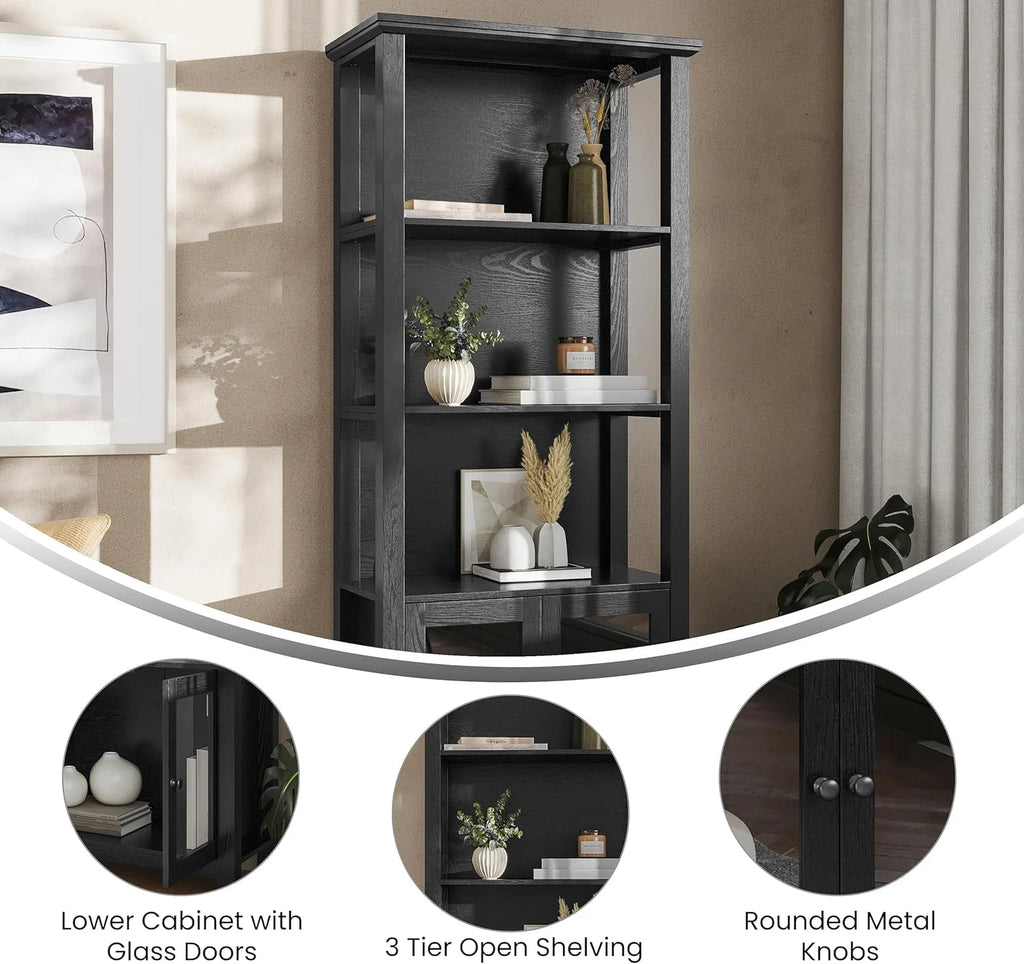 Black Wooden Bookcase And Storage Cabinet With Tempered Glass Doors And 3 Upper Shelves L57333