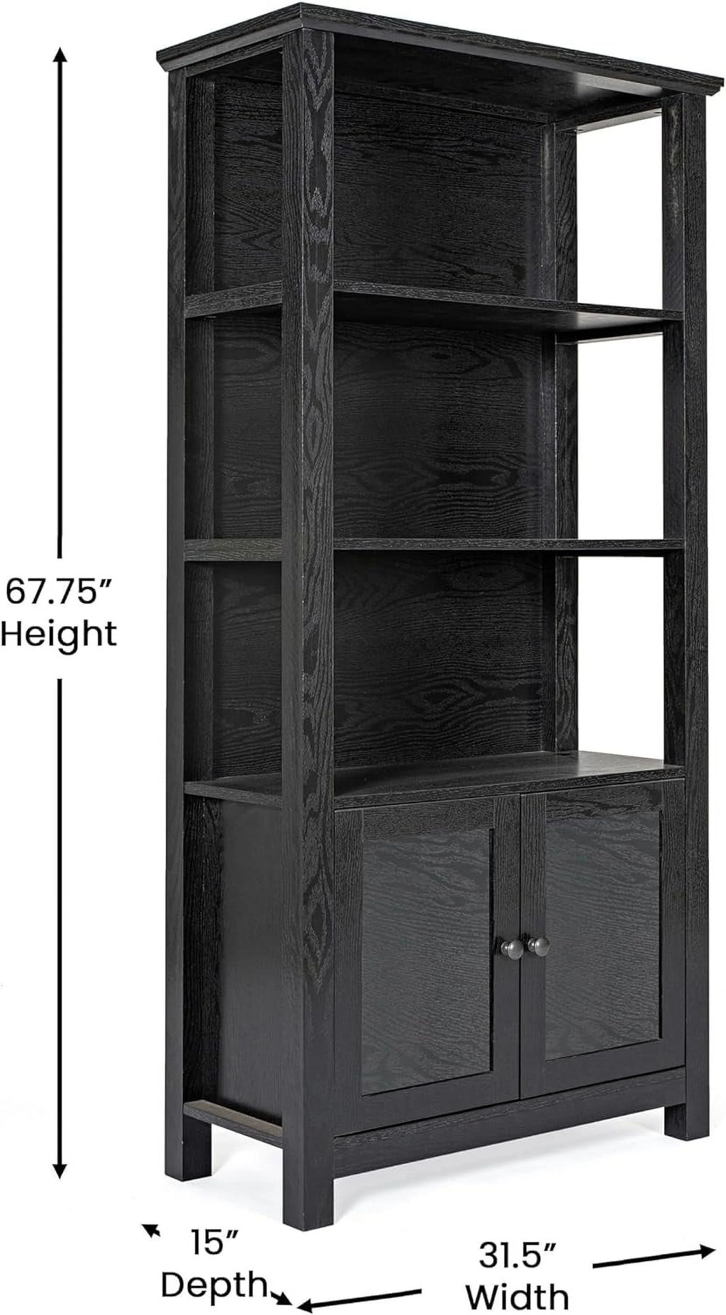 Black Wooden Bookcase And Storage Cabinet With Tempered Glass Doors And 3 Upper Shelves L57333