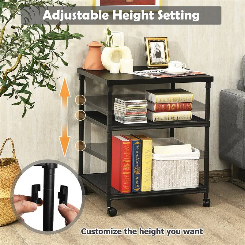 3-Tier Printer Stand Rolling Cart with Adjustable Shelf and Swivel Wheel Black T8610