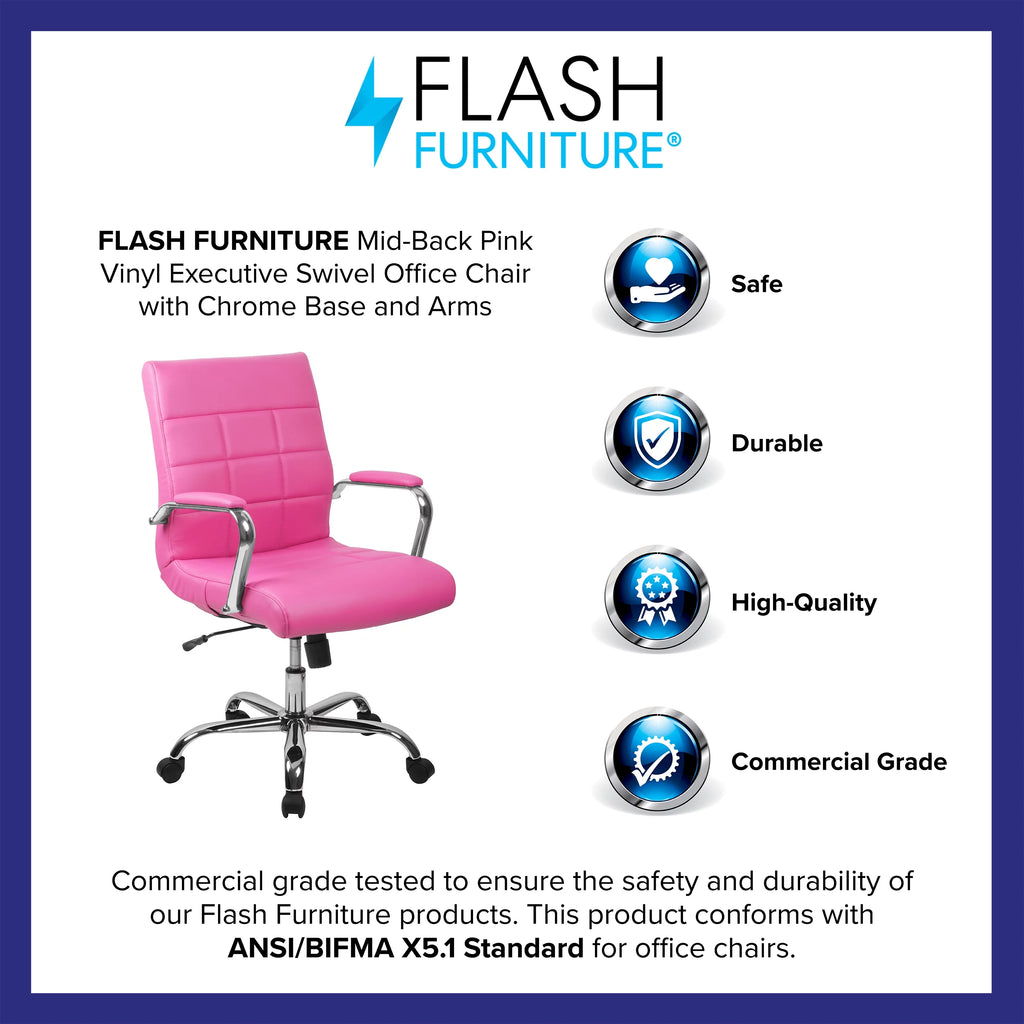 Mid-Back Pink Vinyl Executive Swivel Office Chair with Chrome Base and Arms J379