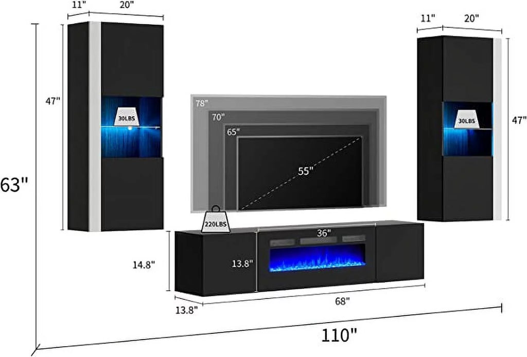 Black/White Floating Fireplace TV Stand with 2 Wall Cabinets U86715