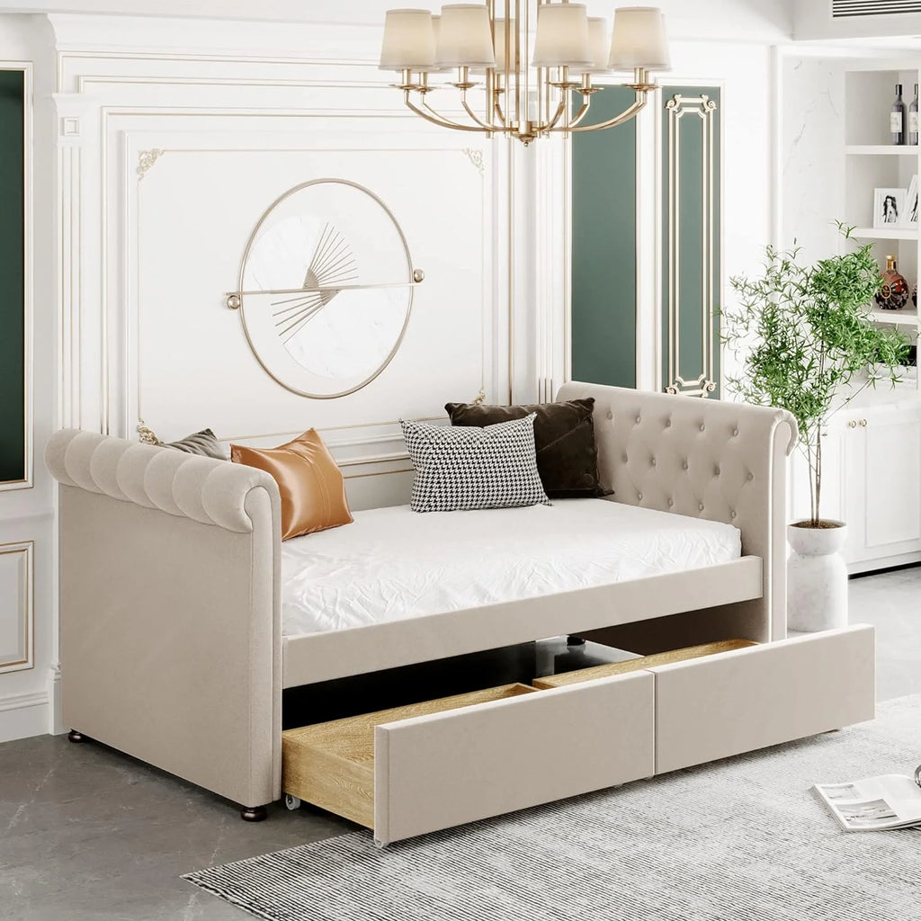 Beige Upholstered Daybed with Storage and 2 Drawers P58768