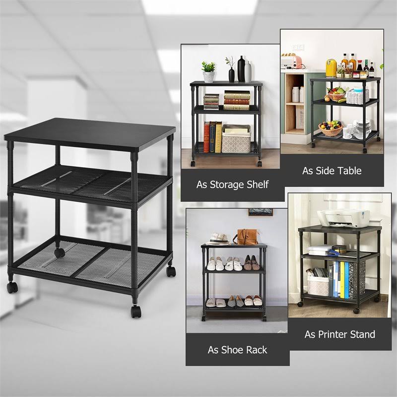 3-Tier Printer Stand Rolling Cart with Adjustable Shelf and Swivel Wheel Black T8610