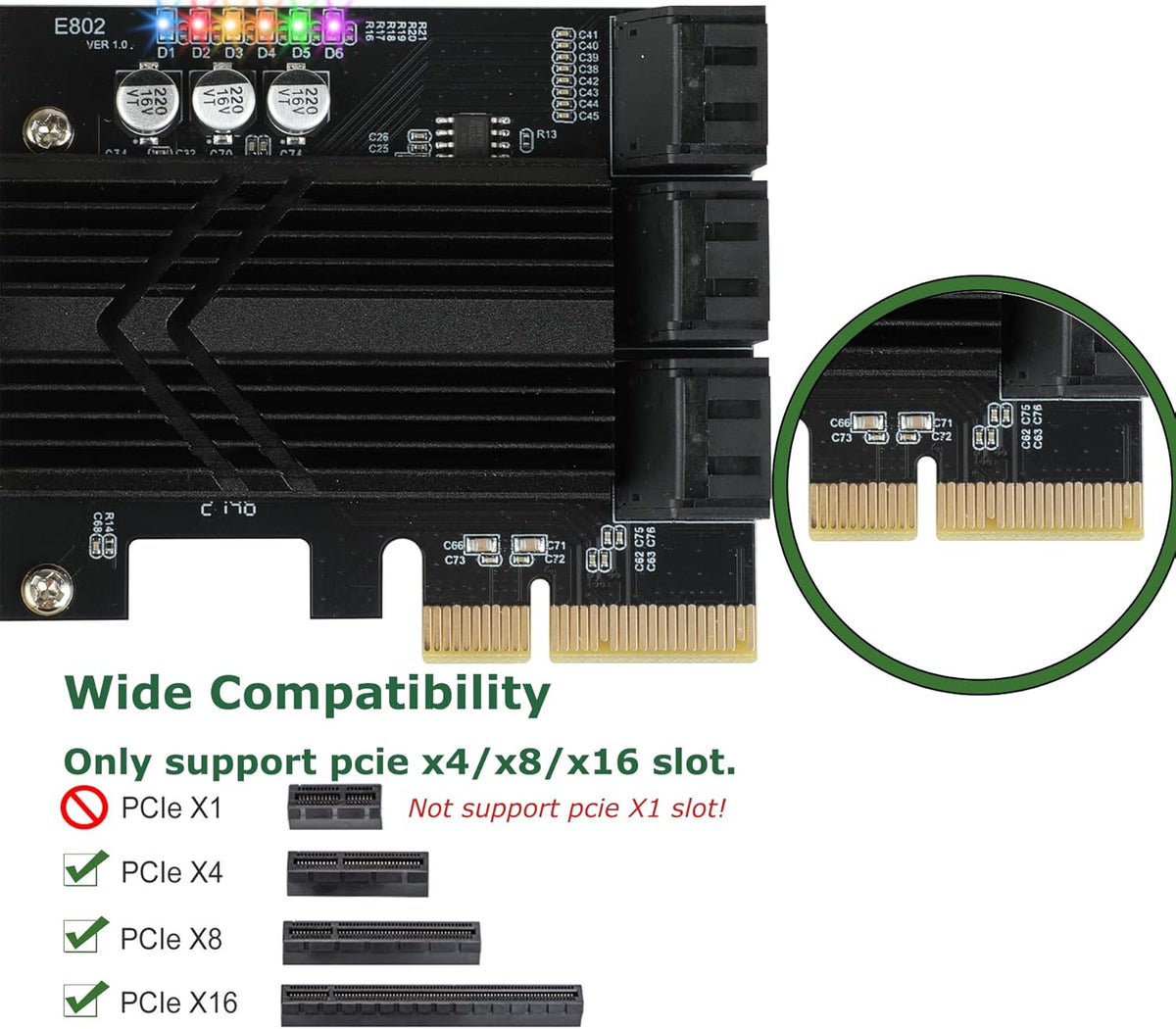 PCIe X4 6 Ports SATA III Expansion Card 6 Gbps with 6 SATA Cables I689