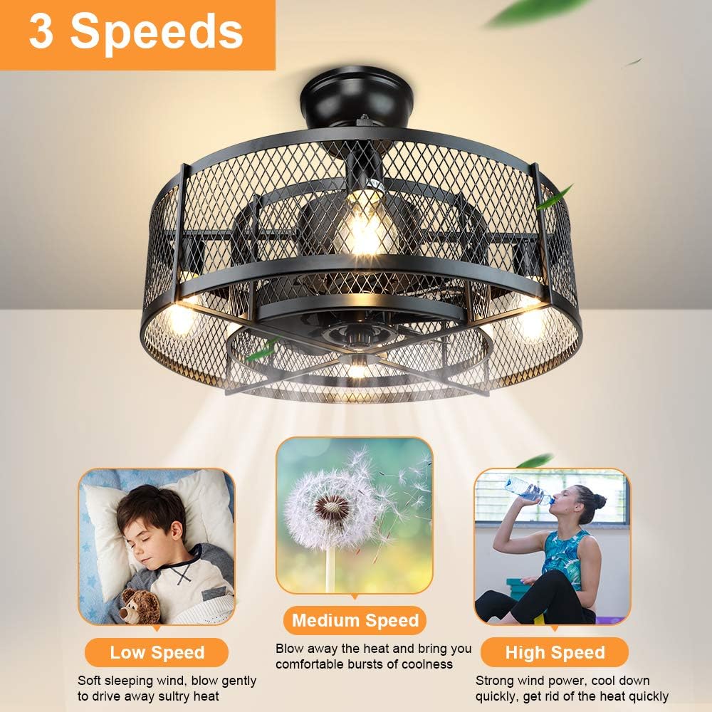 20In Caged Ceiling Fan with Light, 3 Speeds, Remote, Black V2609