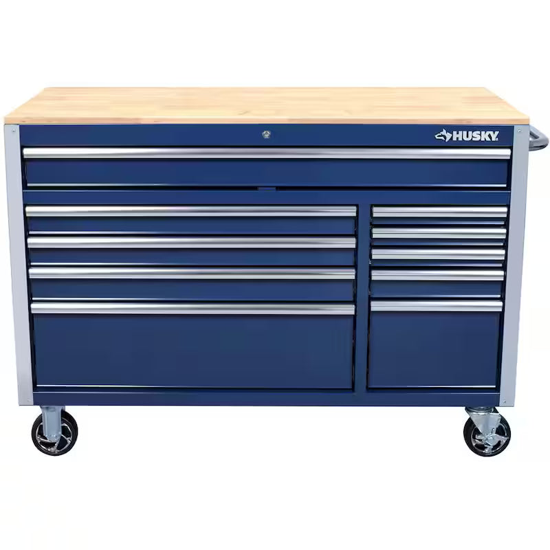 10 Drawer Mobile Workbench Tool Chest with Wood Work Top in Gloss Blue V804425