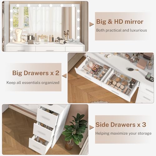 Black Makeup Vanity Desk with Mirror and 5 Drawers T71099